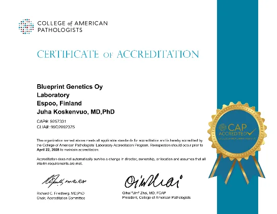 Blueprint Genetics CAP Accreditation