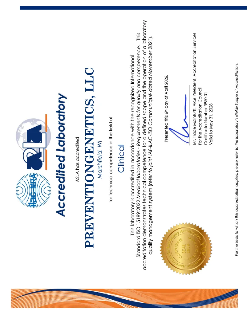 PreventionGenetics A2LA ISO 15189